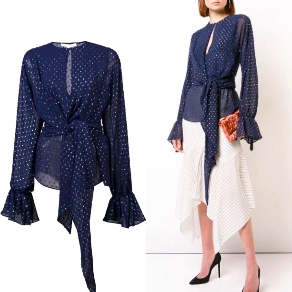 Jonathan Simkhai  METALLIC WRAP BLOUSE IN MIDNIGHT​​​​